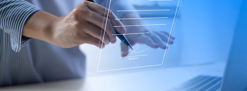 Businesswoman, work from home, handling documents, E-signing, signing digital contracts electronic signing electronic signature through internet technology document data management smart contract